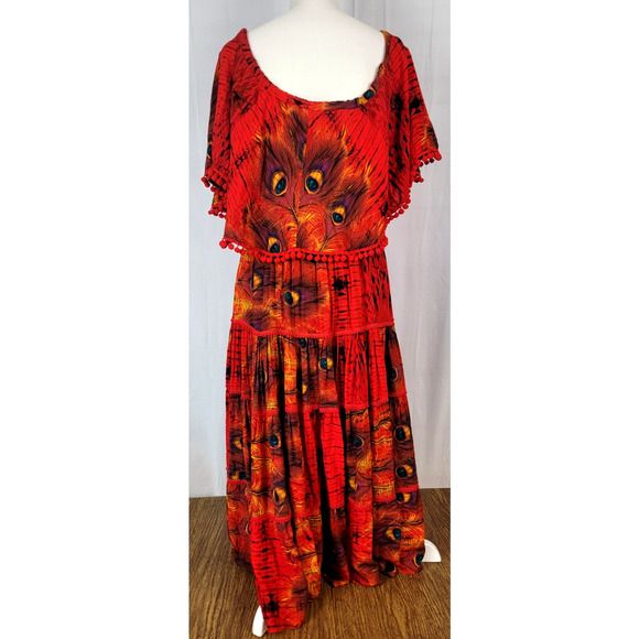 Rose by Paruay Boho Maxi Dress Red Peacock Feather Print Off Shoulder Tassel M/L - Picture 3 of 11